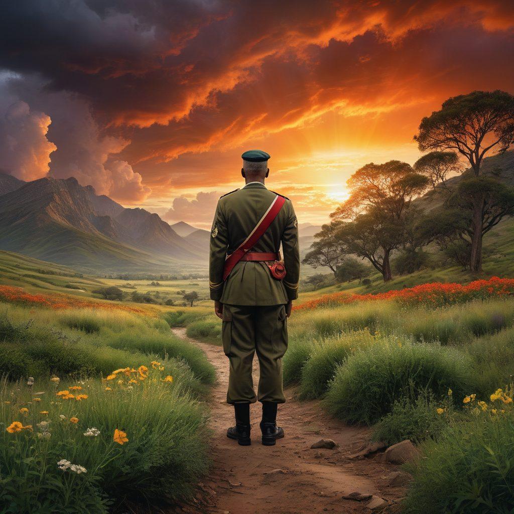A collage of diverse veterans in various uniforms, peacefully reflecting in a serene landscape that blends past battlefields and tranquil nature. The image should convey a deep sense of introspection and unity, with elements like medals and war memorabilia subtly integrated into the background. The sky transitions from dark stormy clouds to a bright sunrise, symbolizing hope and healing. super-realistic. vibrant colors. soft focus.