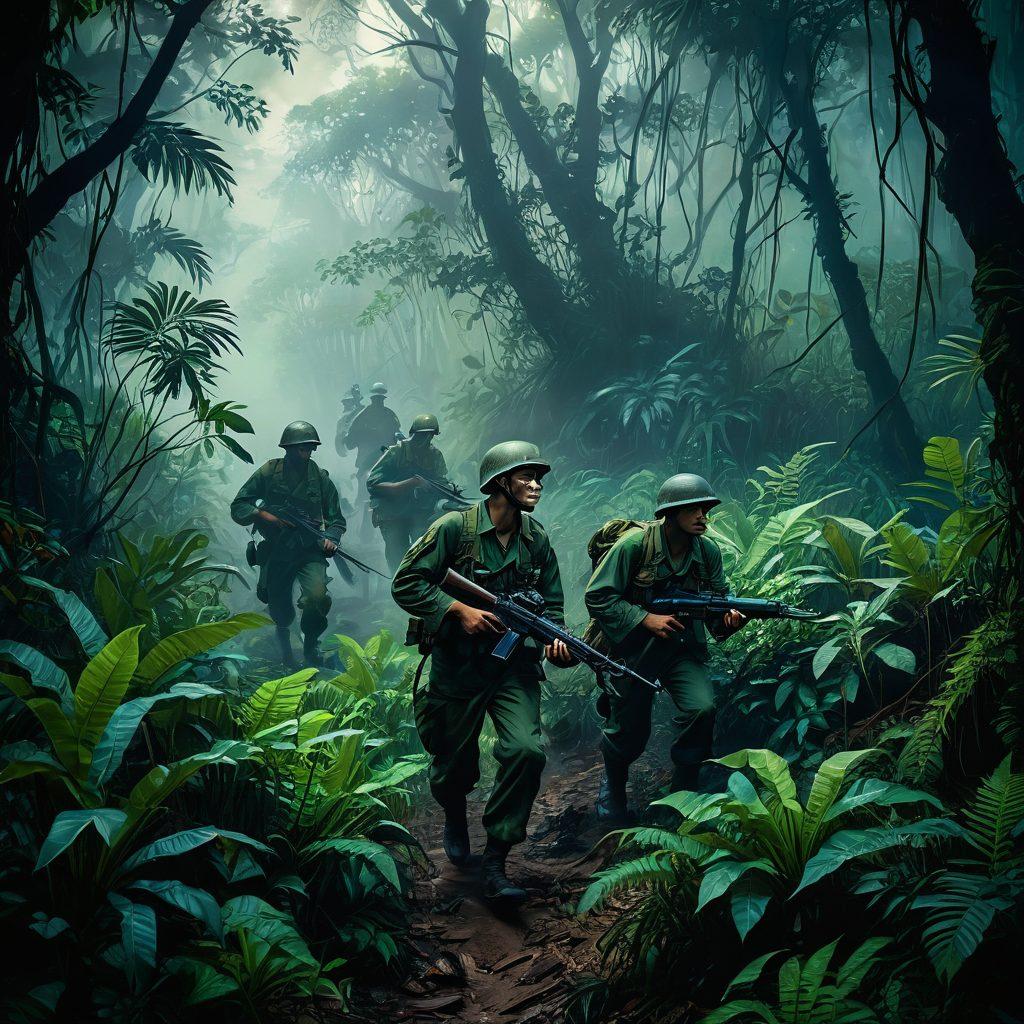 An artistic depiction of soldiers in a dense, fog-laden jungle, emphasizing the complexity of Vietnam's military landscape. Include elements such as vibrant green foliage, vintage military gear, and a backdrop of subtle war chaos. Capture the emotional weight of bravery and sacrifice through expressive faces and dynamic poses. Incorporate shadows and light filtering through the trees to create depth. painting. vibrant colors. dramatic lighting.